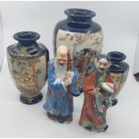 Three early 20th century Satsuma vases painted with figures, tallest 30cm, a Japanese crackle