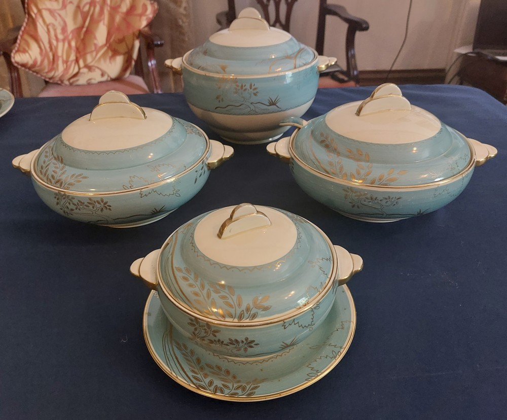 A large blue banded with gilt leaves Reverie dinner service by Clarice Cliff C1937, impressed date - Image 7 of 14