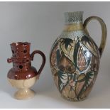 A Bourne Denby Stoneware coloured puzzle jug C1900. Standing 21 cm tall and a large hand decorated