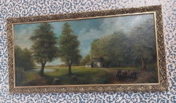 M.J. Edwards Wooded landscape with drover and cattle, a farmstead beyond, signed and indistinctly