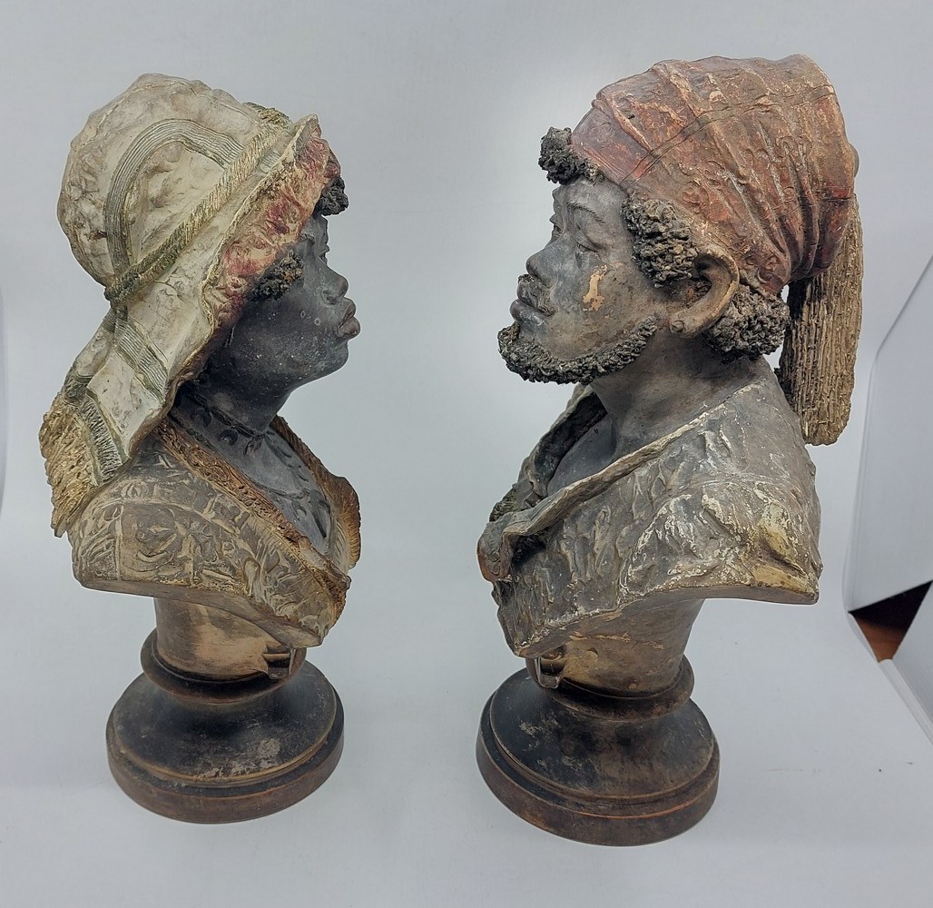 A pair of Goldscheider cold painted terracotta portrait busts of an Arab man and woman on stepped - Image 2 of 4