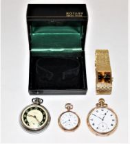 A selection of pocket watches, along with a vintage brutalist style gold plated Rotary watch. To