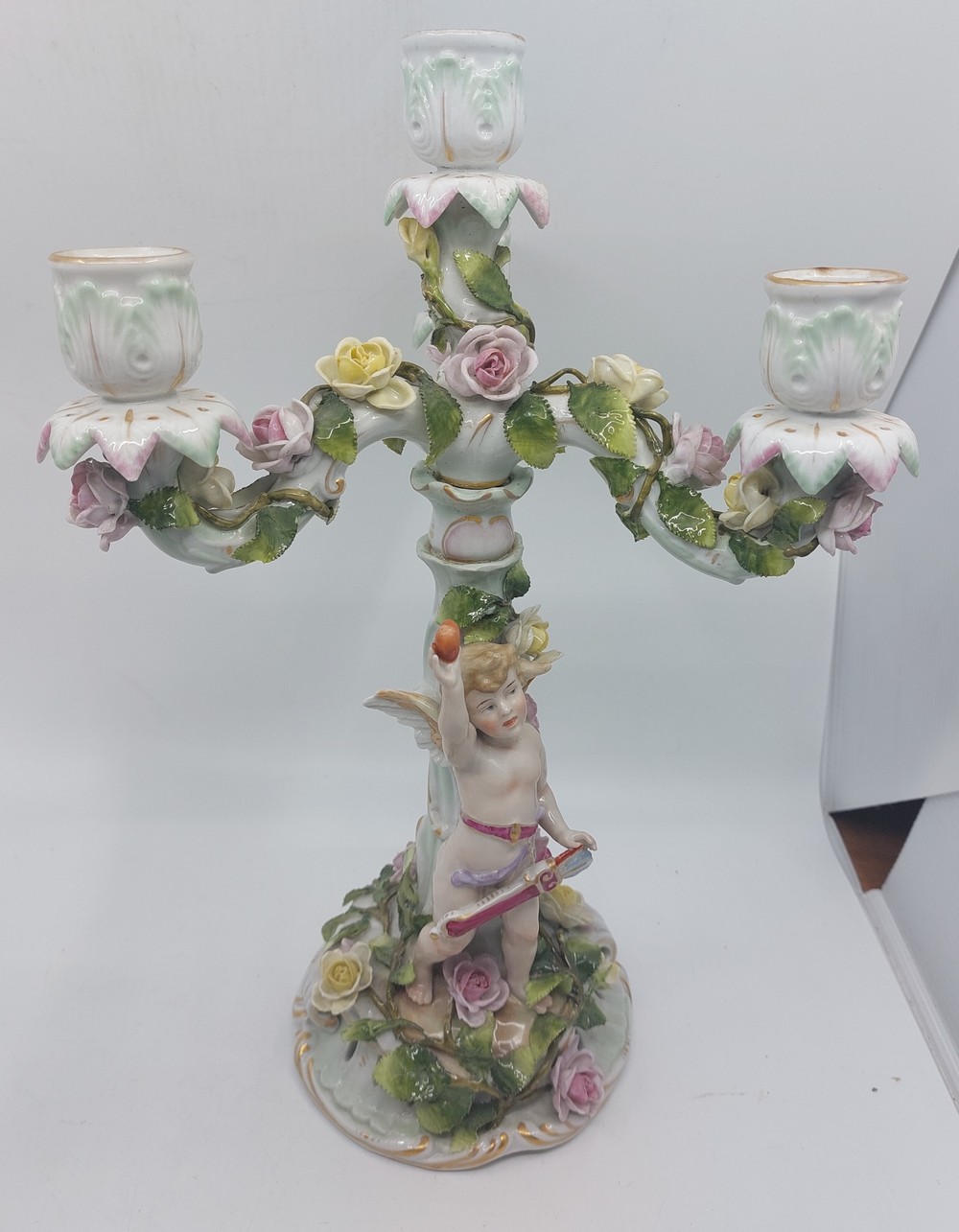 A pair of early 20th century German porcelain figural and flower encrusted candelabra, each with - Image 5 of 12