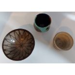 A Mixed lot of studio pottery comprising of a footed glazed bowl in brown. a  footed multi-coloured