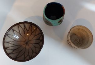 A Mixed lot of studio pottery comprising of a footed glazed bowl in brown. a  footed multi-coloured