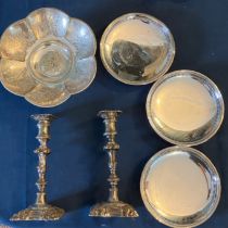 A selection of silver plate items to include a pair of plated and weighted Victorian candlesticks,