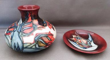 A Moorcroft squat vase and pin tray C1994. Decorated with a cream and brown back ground back and