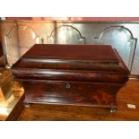 Victorian Mahogany Sarcophagus Tea caddy, twin hinged removable lidded caddies within, Brass