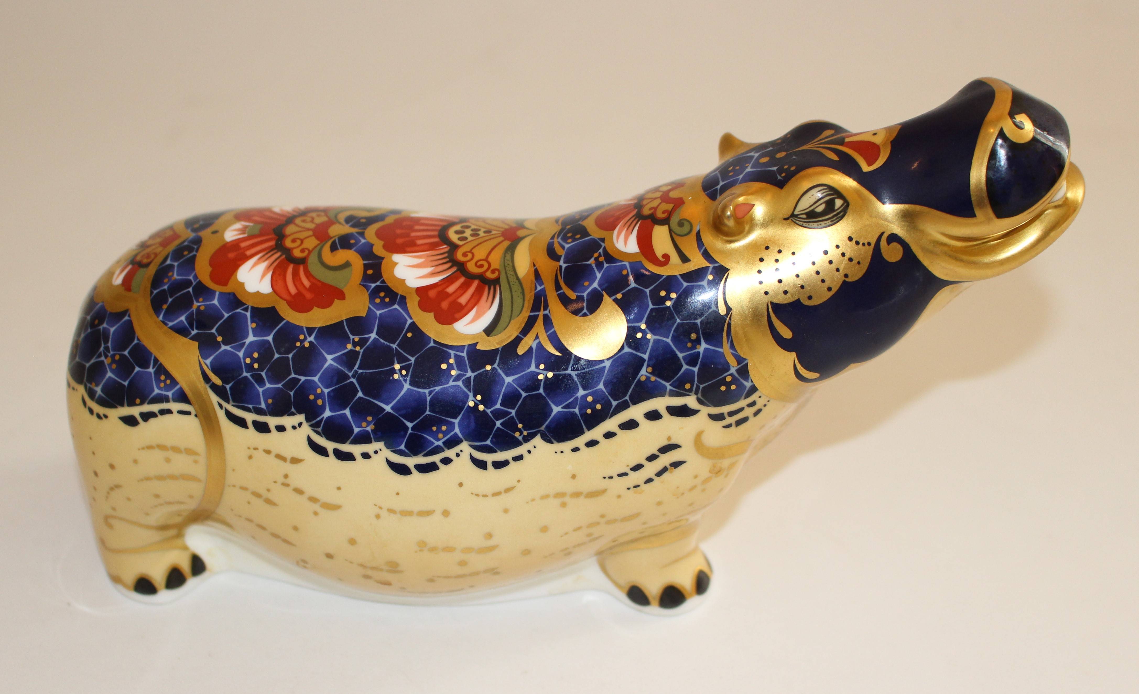 Anted mark and number MMVII, 20.5cm long Royal Crown Derby Hippopotamus paperweight, printed mark