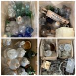 Collection of Chemists instruments, jars, bottles, lids, stoppers etc in 4 boxes - need cleaning due