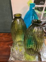 Mirror/ornate pierced sided metal tray with 3 large glass bottles/vases two matching in green