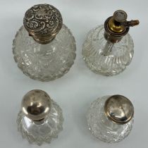 A cut glass globular scent bottle with Edwardian silver hinged cover, Birmingham 1907, another