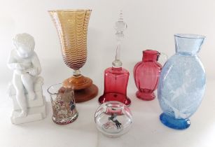 A collection of glass ware to include 2 ruby glass items, the bell is AF, a blue crackle effect Mary