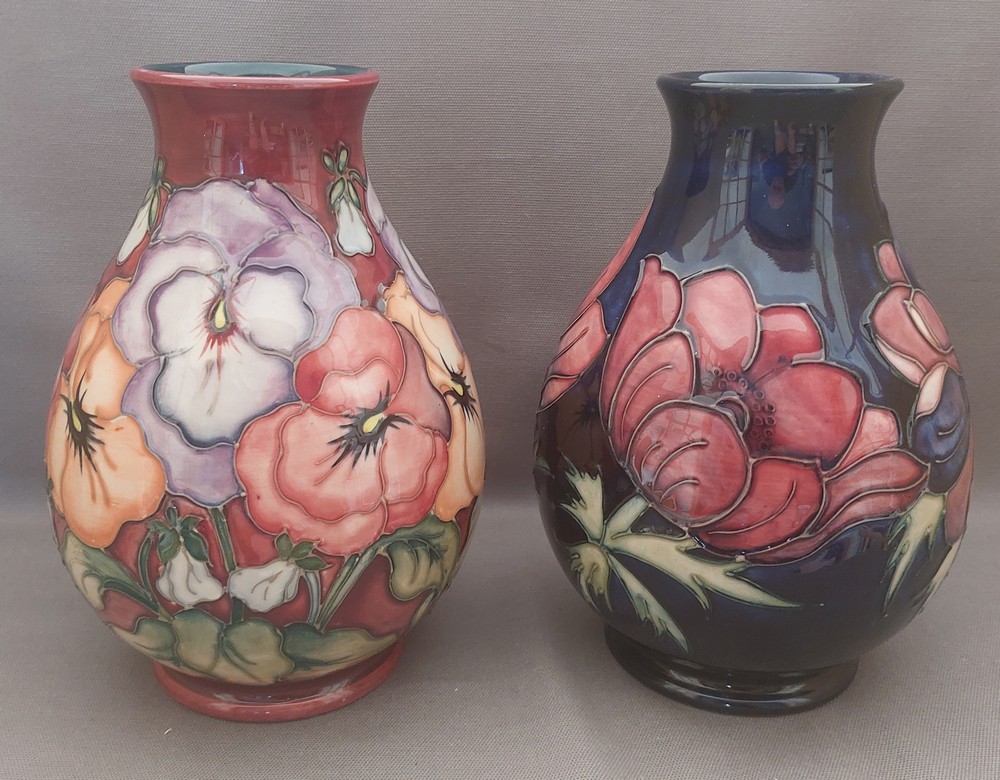 2  tube lined stylised Moorcroft vases, one decorated with multi coloured pansies with a burgundy - Image 2 of 7