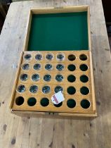 Winetasting glasses in wooden case, 16 small wine tasting glasses in a purpose built wooden case