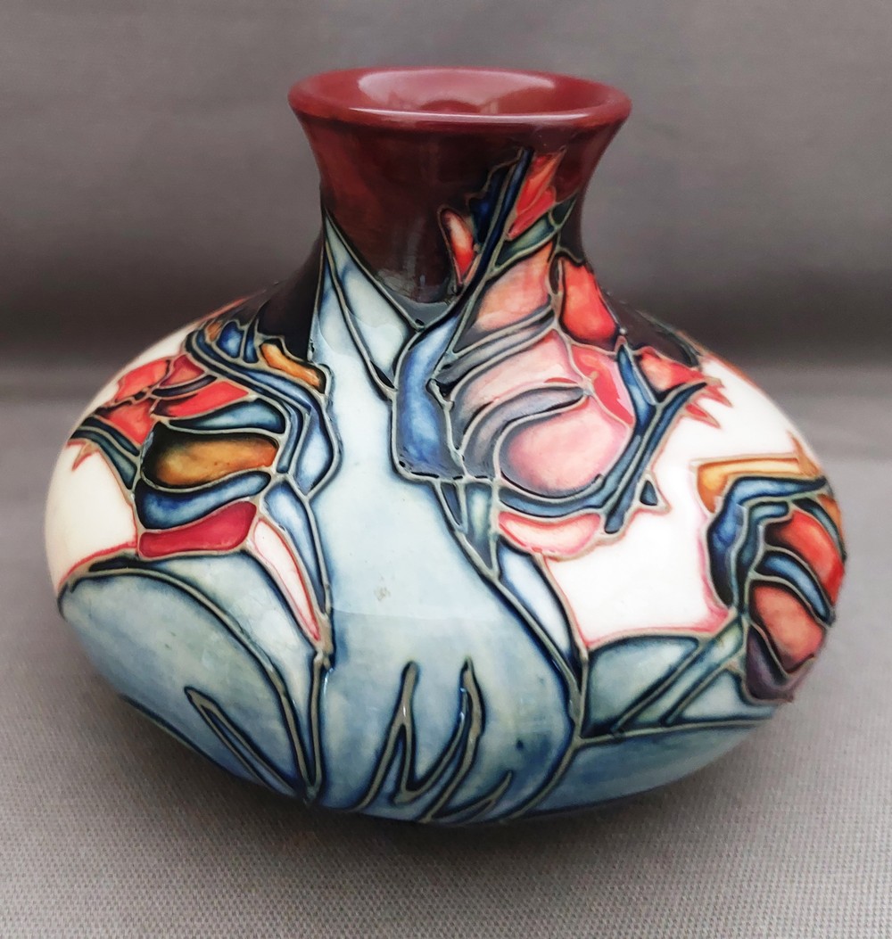A Moorcroft squat vase and pin tray C1994. Decorated with a cream and brown back ground back and - Image 3 of 8