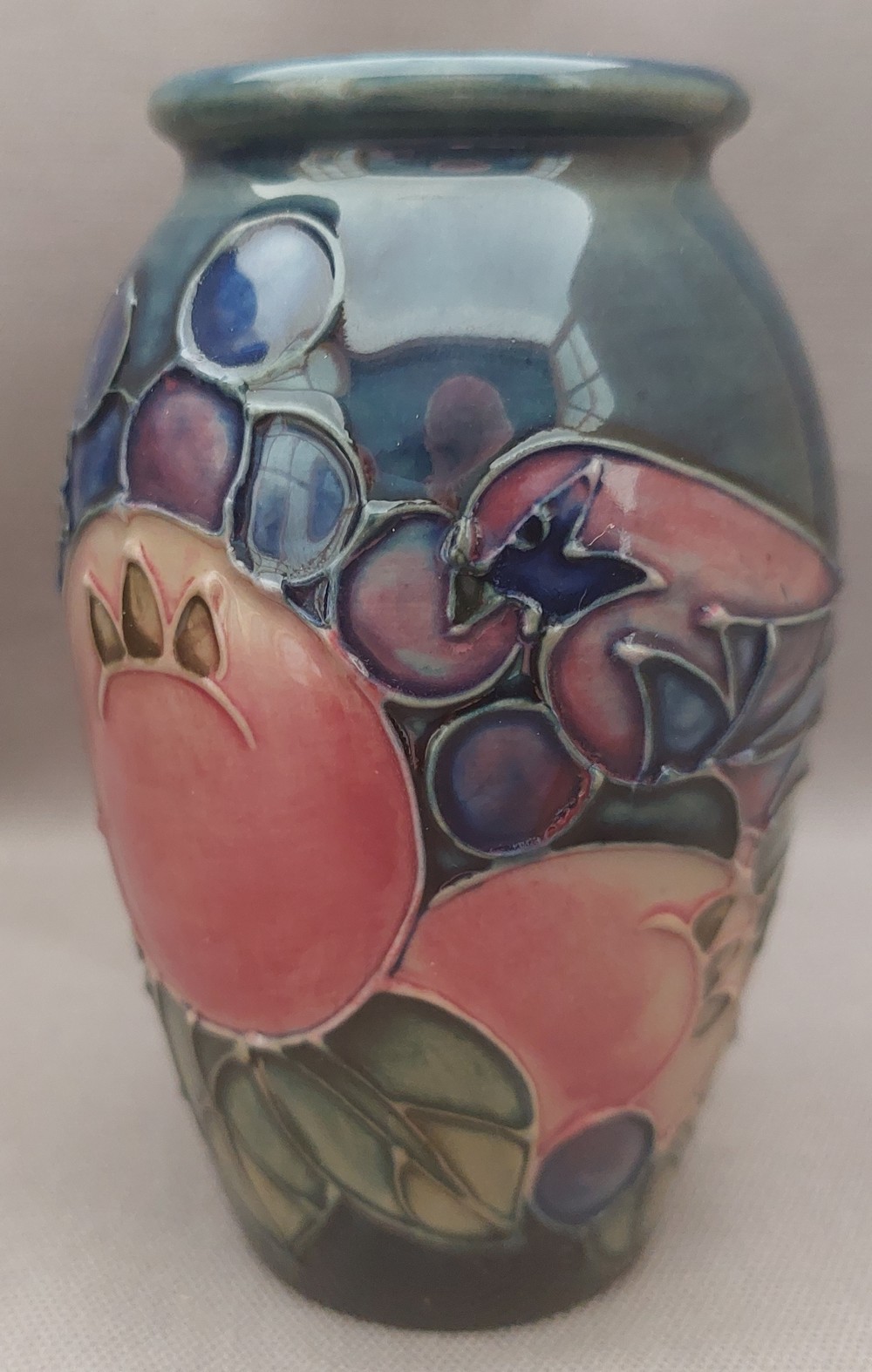 2 early tube lined stylised Moorcroft vases, decorated in the fruit and fiches pattern, with the - Image 5 of 8