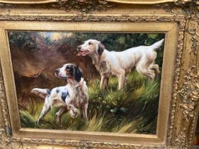 Pair of English Setters Oil on board, Signed Jackson  in a heavy gold frame 30 x 40 cms