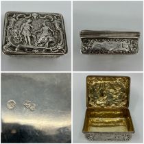 An 18th century Continental rectangular silver box repousse with Classical figures and foliate