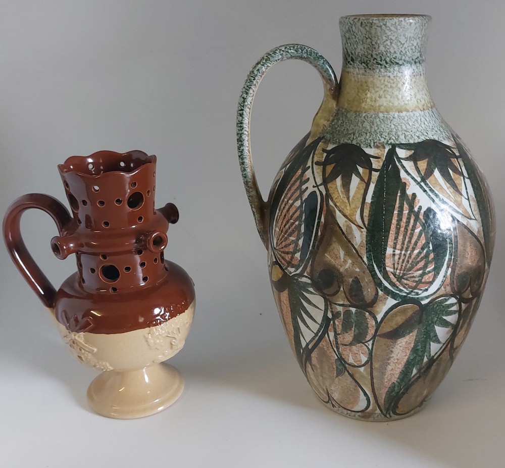 A Bourne Denby Stoneware coloured puzzle jug C1900. Standing 21 cm tall and a large hand decorated - Image 3 of 4