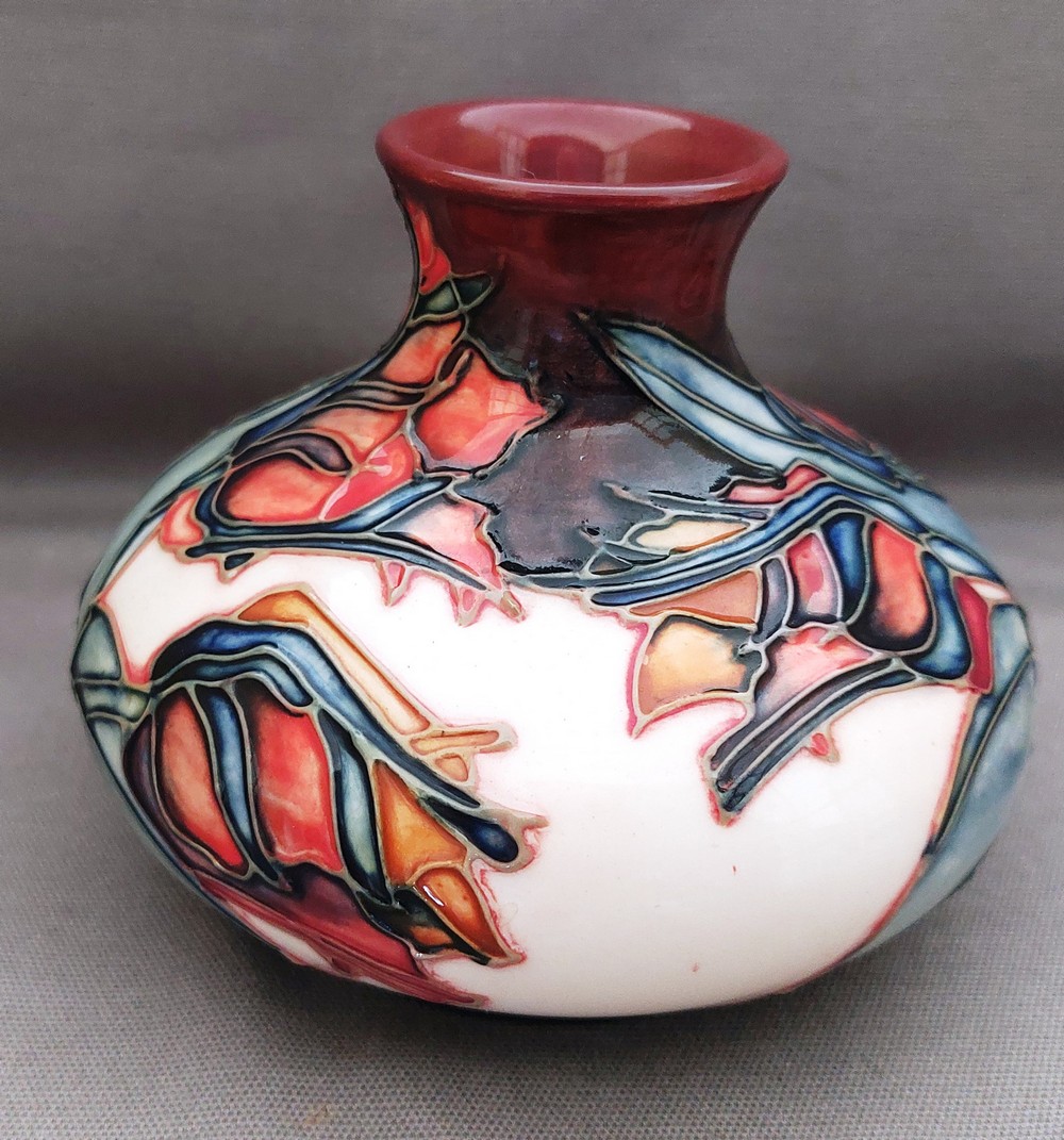 A Moorcroft squat vase and pin tray C1994. Decorated with a cream and brown back ground back and - Image 2 of 8