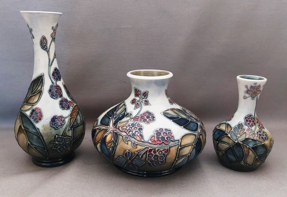 A trio of Moorcroft Blackberry Bramble pattern C1994 ,possibly Sally Tuffin vases, decorated with - Image 2 of 8