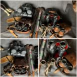 Collection of field glasses/binoculars, 2 sticks, antique corkscrew, mallet /gavel  and wooden three