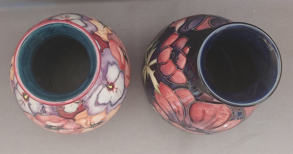 2  tube lined stylised Moorcroft vases, one decorated with multi coloured pansies with a burgundy - Image 4 of 7