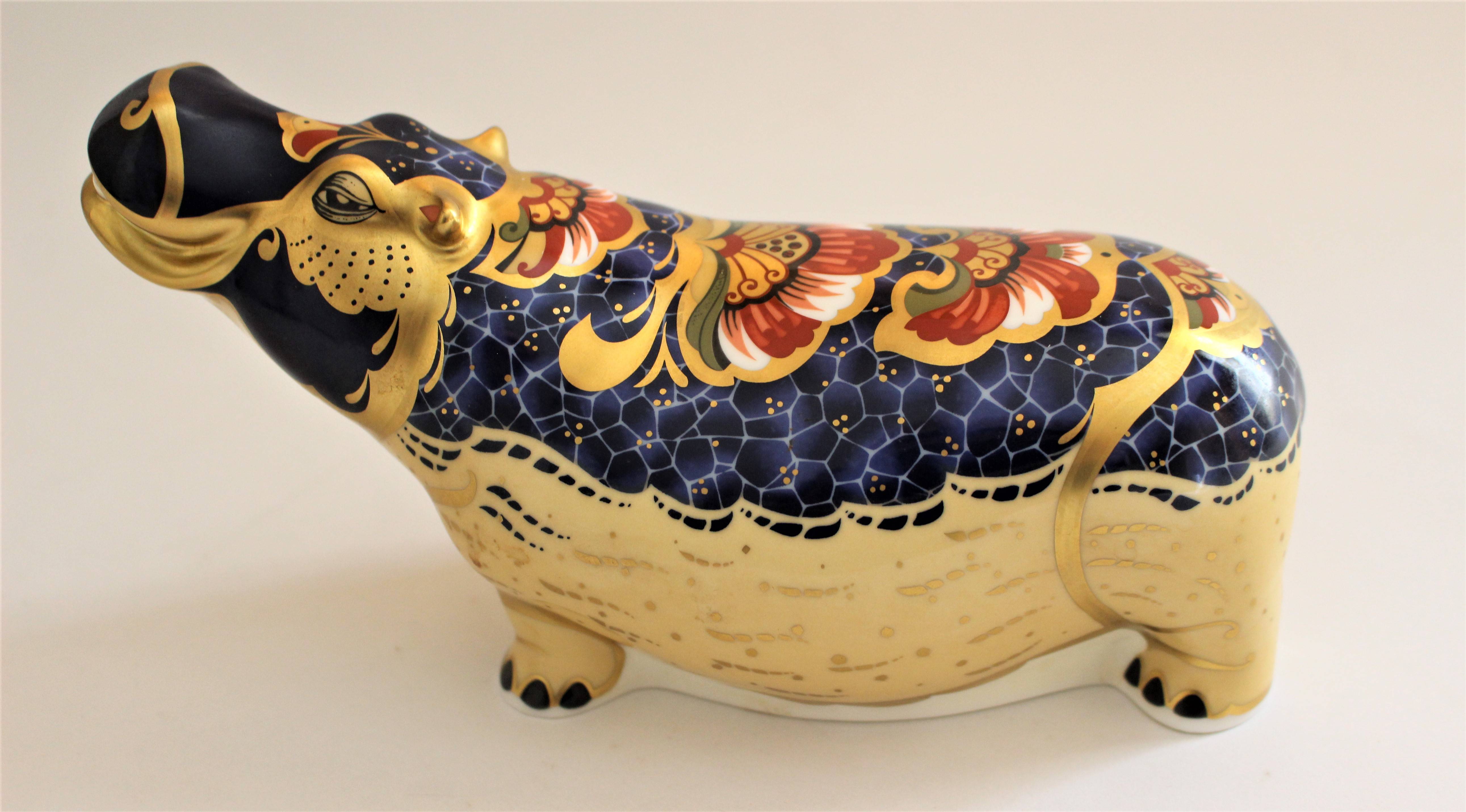 Anted mark and number MMVII, 20.5cm long Royal Crown Derby Hippopotamus paperweight, printed mark - Image 2 of 2