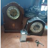 An Edwardian inlaid mantel clock, a Smiths Enfield mantel clock in bakerlite case and a quartz alarm