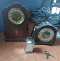 An Edwardian inlaid mantel clock, a Smiths Enfield mantel clock in bakerlite case and a quartz alarm