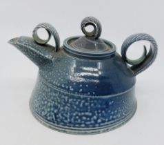 A Jane Hamlyn (born 1940) Salt-glazed stylised stoneware teapot with lid in blue With an Impressed