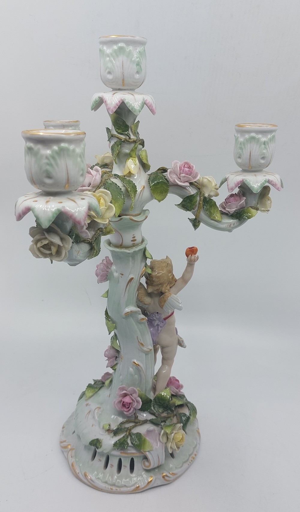 A pair of early 20th century German porcelain figural and flower encrusted candelabra, each with - Image 7 of 12