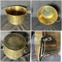 Very heavy brass pan 19cms high x 34 cms diameter excluding handles.. Thicker than normal