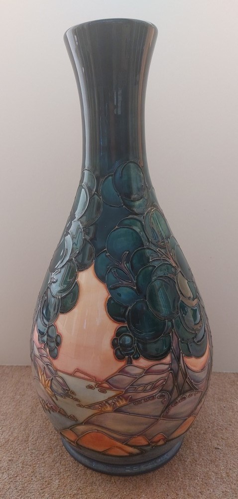 A very tall tube lined stylised Moorcroft vase, decorated with trees and landscape, with a river, - Image 4 of 7