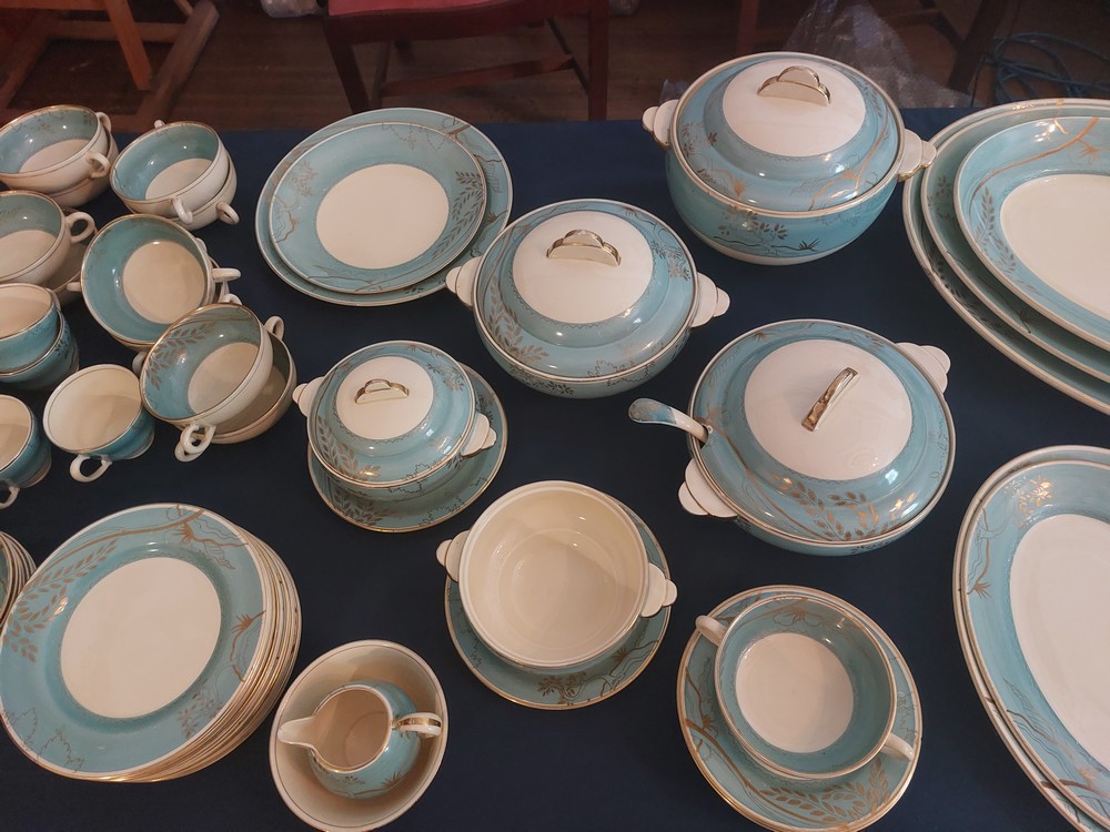 A large blue banded with gilt leaves Reverie dinner service by Clarice Cliff C1937, impressed date - Image 3 of 14