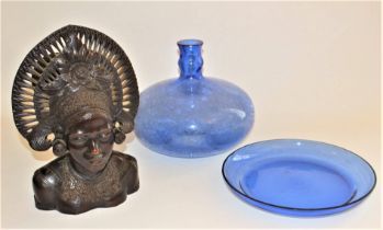 A blue crackle glaze glass compressed baluster jar, 28cm high, a blue glass shallow dish, 31.5cm