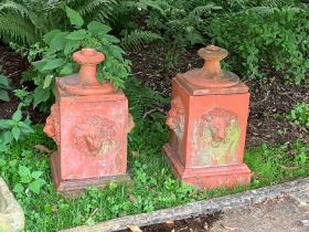 2 terracotta multifaceted  lion pedestals  Missing urns from on top.  standing 28" high and base