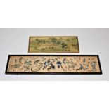 A Chinese silk picture embroidered with bats, flowers etc, 50cm x 10.5cm  and a Chinese coloured