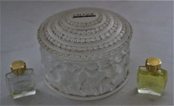 5cm h x 11cm wide lidded dish and two Lalique small bottles of eau de parfum  (3)