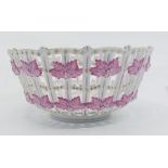 A Herend Chinese bouquet pink raspberry reticulated bowl, printed mark, 15cm diam
