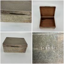 Silver covered cigarette box Hallmarked Birmingham 1939. inscribed  To Ted, in appreciation of 15