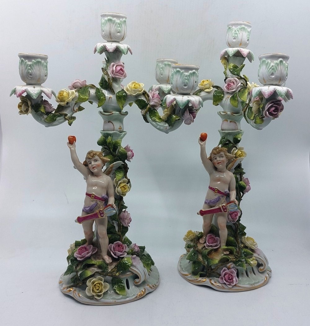 A pair of early 20th century German porcelain figural and flower encrusted candelabra, each with - Image 4 of 12