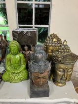 Collection of  items depicting Buddha.:  2 lamps with brown shades, 2 matching resin heads, 2 gold