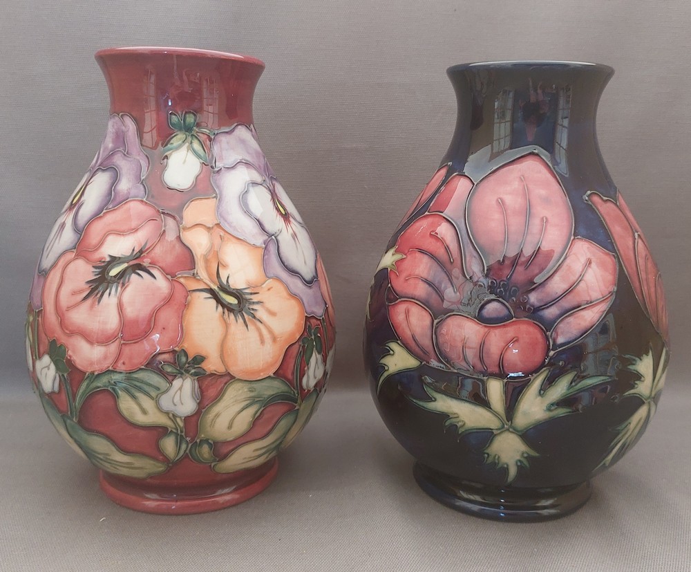 2  tube lined stylised Moorcroft vases, one decorated with multi coloured pansies with a burgundy - Image 3 of 7