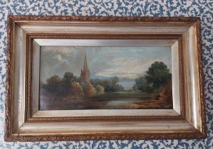 George Turner (style) Wooded landscape with church by a river, unsigned, oil on canvas, 19cm x 39.