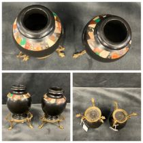 A pair of Victorian Ashford type marble ovoid vases, inlaid with a band of specimen stones, raised
