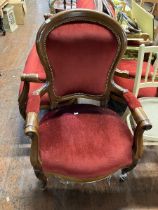 Three piece Mahogany framed salon suite reupholstered in a  deep red draylon effect fabric.