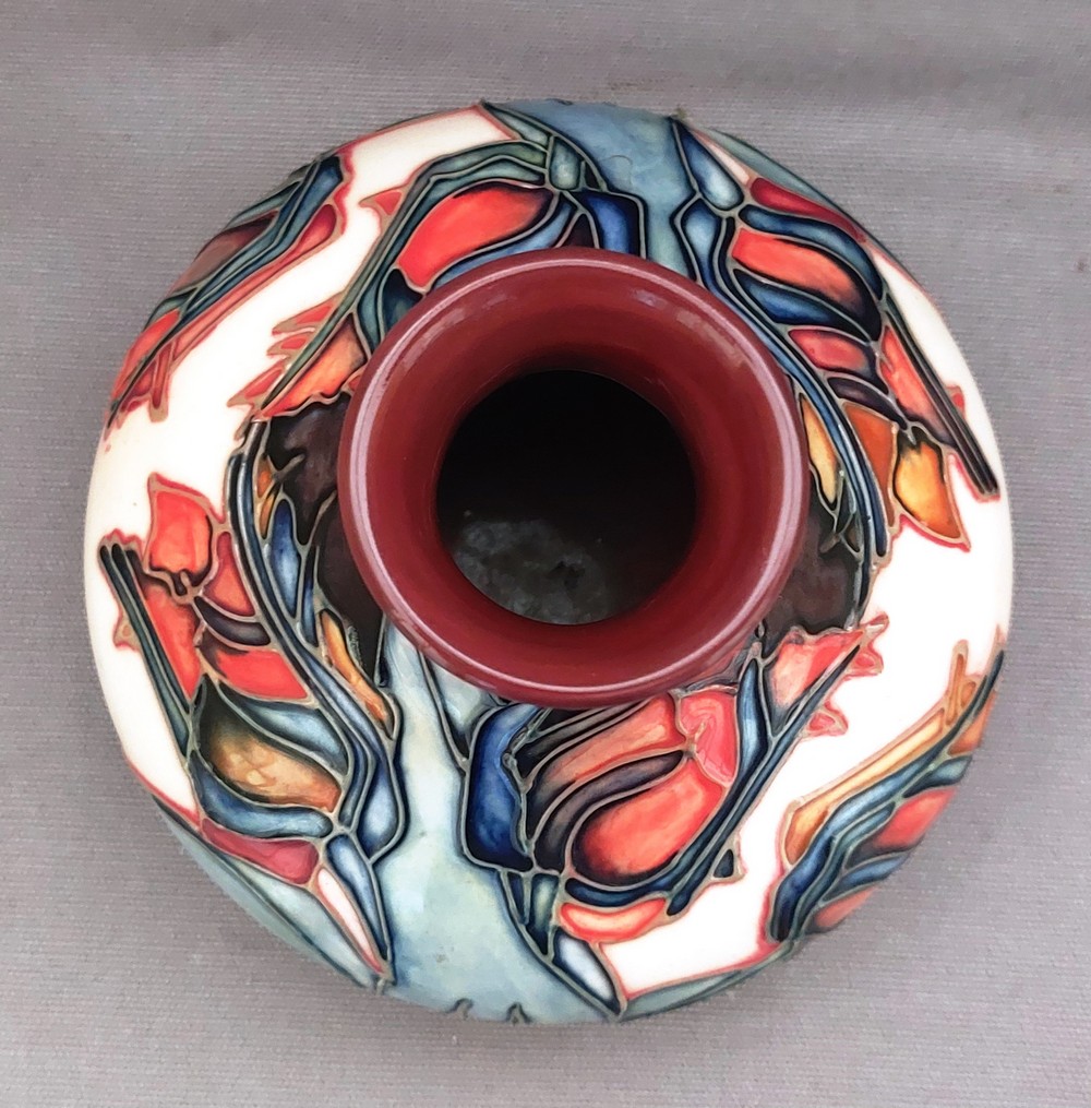 A Moorcroft squat vase and pin tray C1994. Decorated with a cream and brown back ground back and - Image 5 of 8