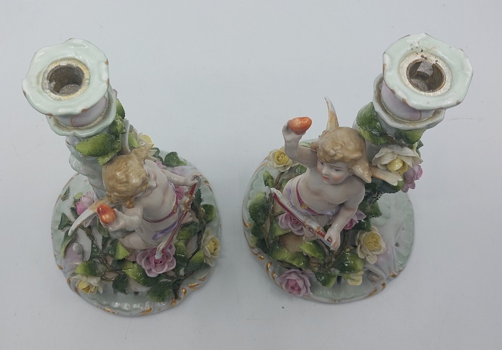 A pair of early 20th century German porcelain figural and flower encrusted candelabra, each with - Image 11 of 12